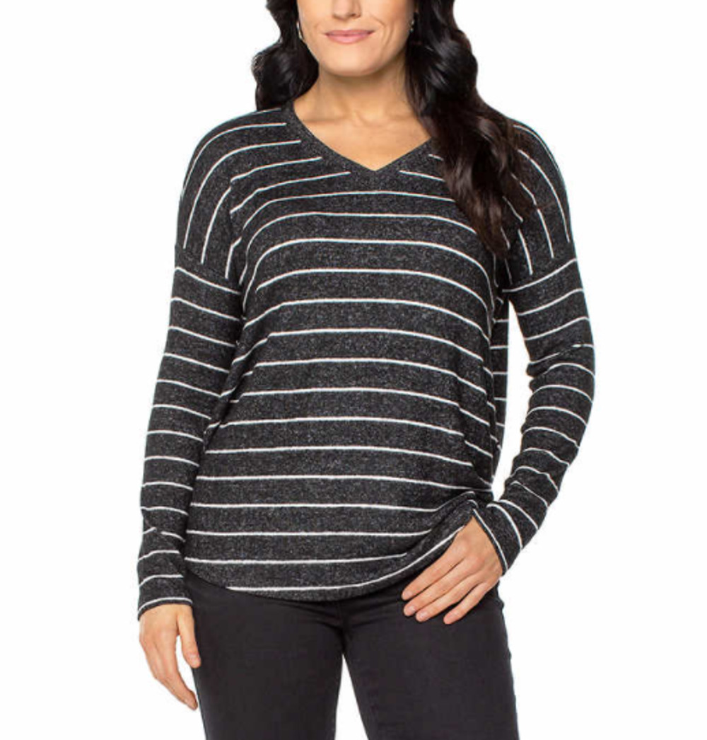 Well Worn V-Neck Black/White Striped Long Sleeve Tee Top Women's Medium NWT